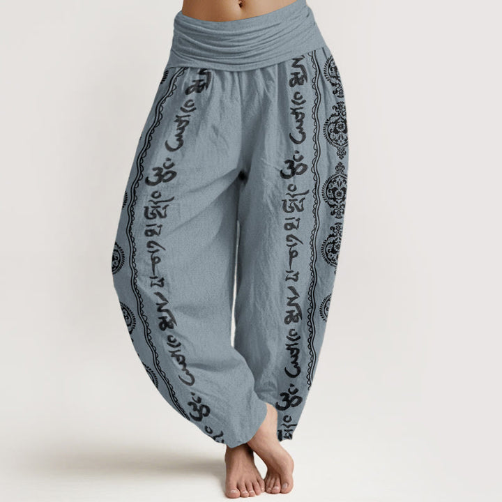 Pantaloni harem da donna con elastico in vita, in puro cotone, con motivo mandala Om Mani Padme Hum Buddha Stones