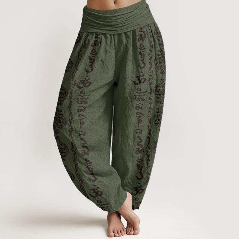 Pantaloni harem da donna con elastico in vita, in puro cotone, con motivo mandala Om Mani Padme Hum Buddha Stones