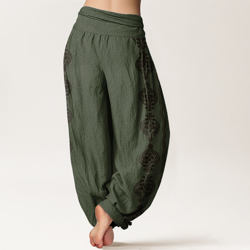 Pantaloni harem da donna con elastico in vita, in puro cotone, con motivo mandala Om Mani Padme Hum Buddha Stones