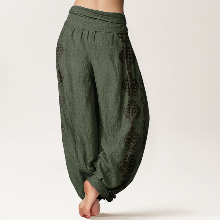 Pantaloni harem da donna con elastico in vita, in puro cotone, con motivo mandala Om Mani Padme Hum Buddha Stones