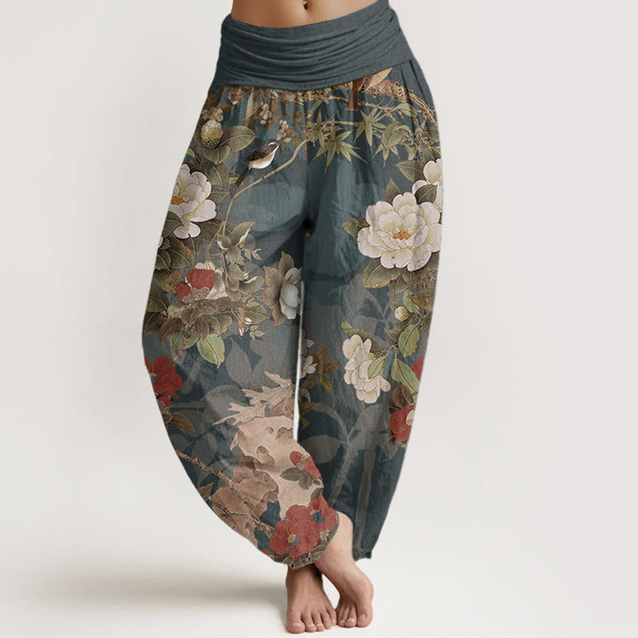 Pantaloni harem da donna con elastico in vita, in puro cotone, casual, con fiori di peonia e foglie di gazza, Buddha Stones