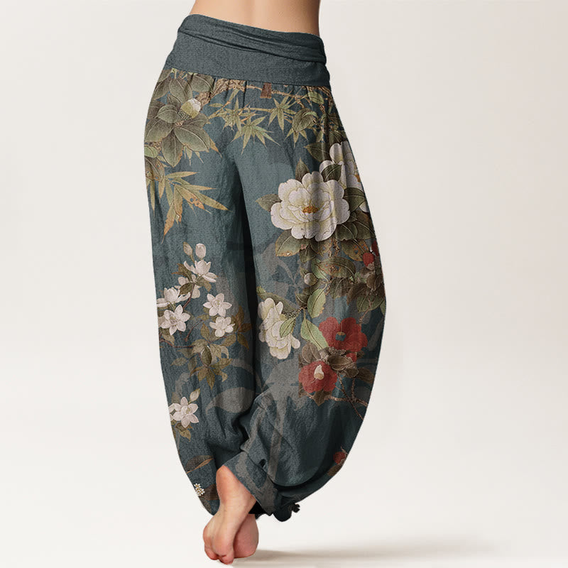 Pantaloni harem da donna con elastico in vita, in puro cotone, casual, con fiori di peonia e foglie di gazza, Buddha Stones