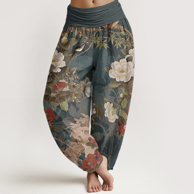 Pantaloni harem da donna con elastico in vita, in puro cotone, casual, con fiori di peonia e foglie di gazza, Buddha Stones - Verde acqua - US22, UK/AU26, EU54 (6XL) - image 0