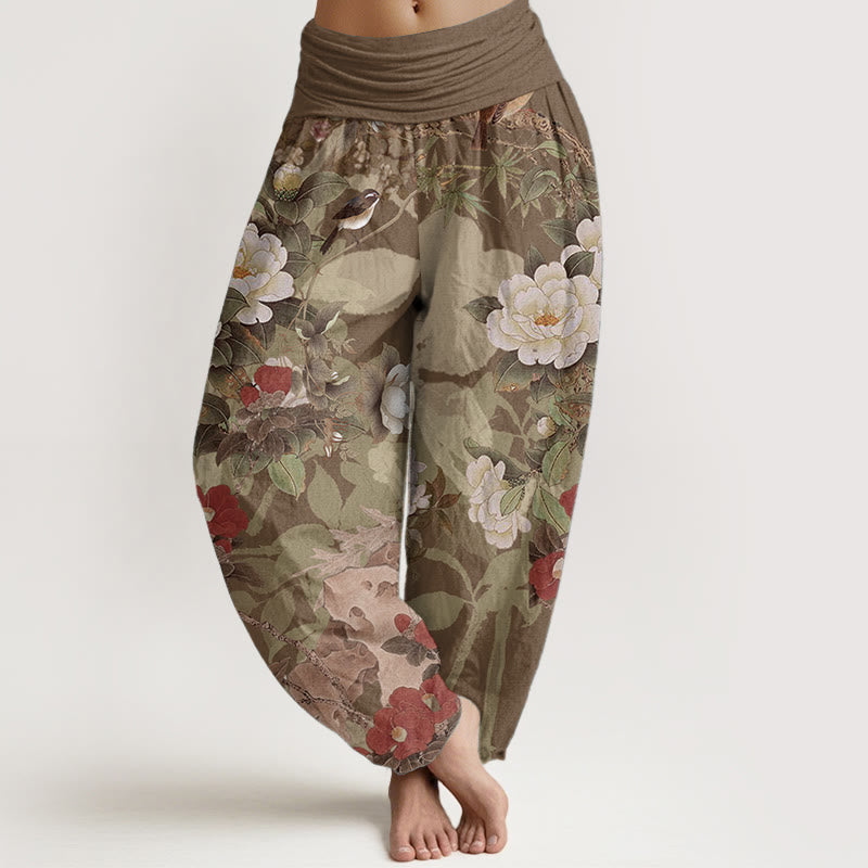 Pantaloni harem da donna con elastico in vita, in puro cotone, casual, con fiori di peonia e foglie di gazza, Buddha Stones