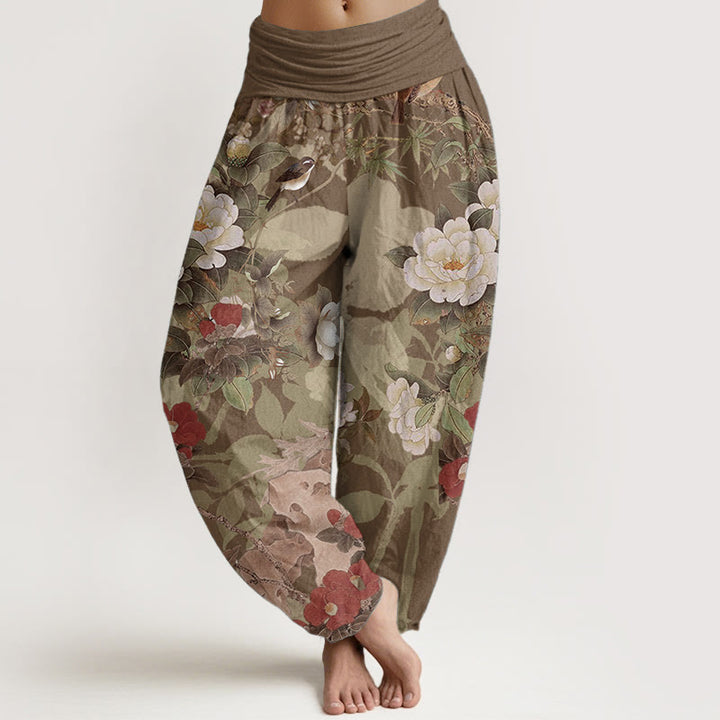 Pantaloni harem da donna con elastico in vita, in puro cotone, casual, con fiori di peonia e foglie di gazza, Buddha Stones