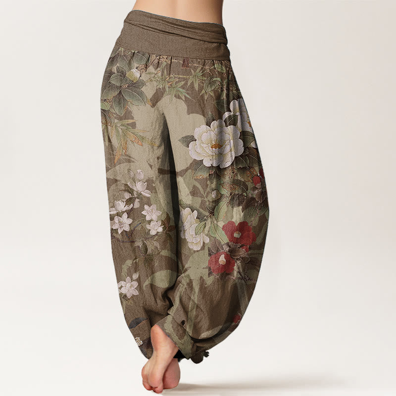 Pantaloni harem da donna con elastico in vita, in puro cotone, casual, con fiori di peonia e foglie di gazza, Buddha Stones