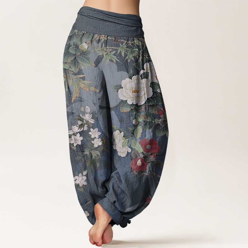Pantaloni harem da donna con elastico in vita, in puro cotone, casual, con fiori di peonia e foglie di gazza, Buddha Stones