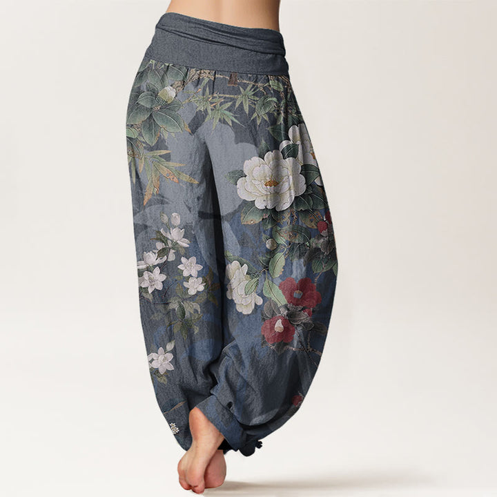 Pantaloni harem da donna con elastico in vita, in puro cotone, casual, con fiori di peonia e foglie di gazza, Buddha Stones