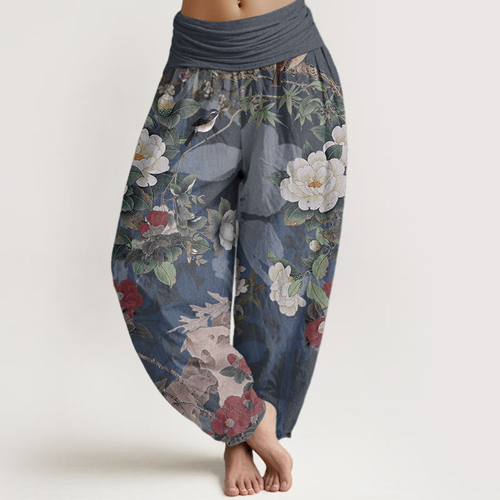 Pantaloni harem da donna con elastico in vita, in puro cotone, casual, con fiori di peonia e foglie di gazza, Buddha Stones - SteelBlue - US22, UK/AU26, EU54 (6XL) - image 8