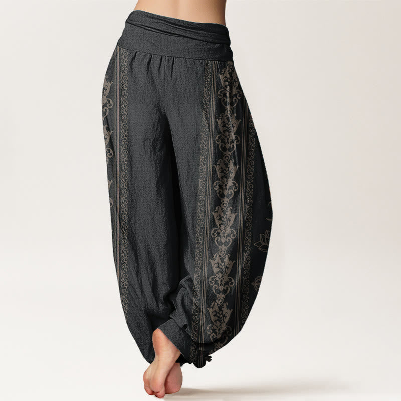 Pantaloni harem da donna con elastico in vita, in puro cotone, Buddha Stones e fiori di loto, doppio Dorje, Vajra, Namaste e Om.