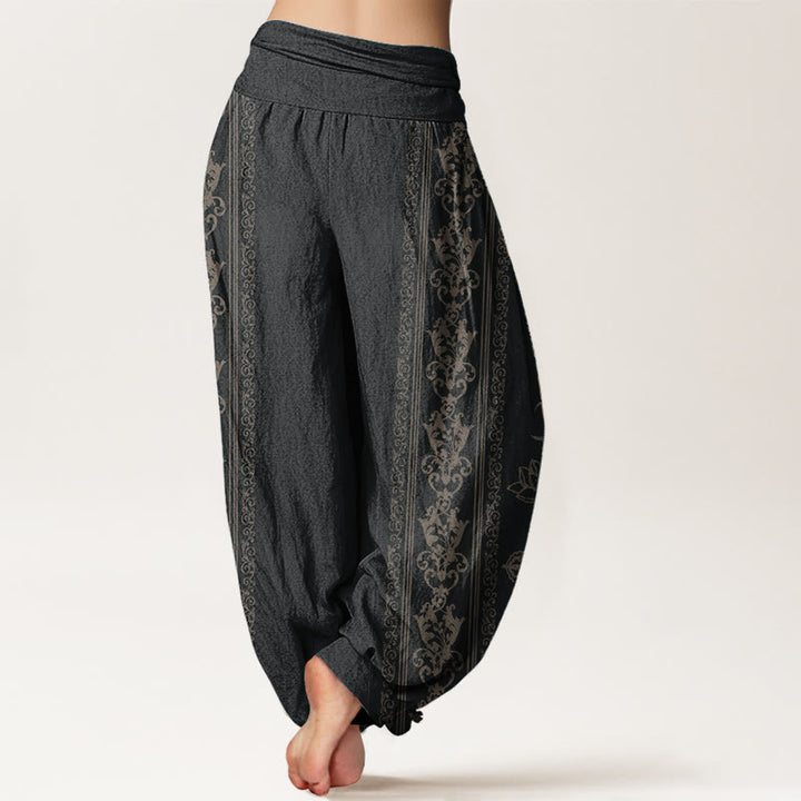 Pantaloni harem da donna con elastico in vita, in puro cotone, Buddha Stones e fiori di loto, doppio Dorje, Vajra, Namaste e Om.