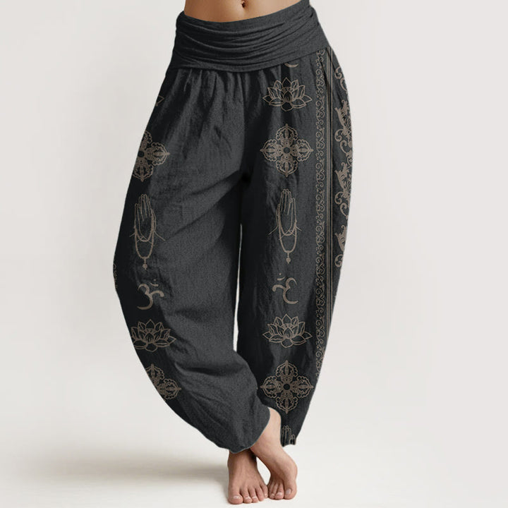 Pantaloni harem da donna con elastico in vita, in puro cotone, Buddha Stones e fiori di loto, doppio Dorje, Vajra, Namaste e Om.