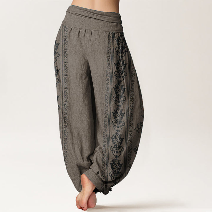 Pantaloni harem da donna con elastico in vita, in puro cotone, Buddha Stones e fiori di loto, doppio Dorje, Vajra, Namaste e Om.