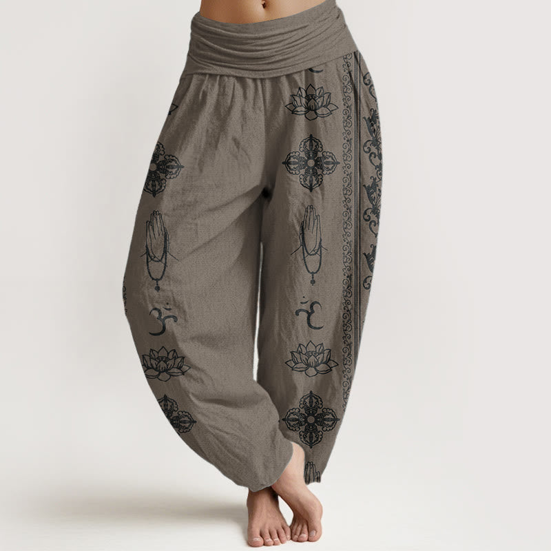 Pantaloni harem da donna con elastico in vita, in puro cotone, Buddha Stones e fiori di loto, doppio Dorje, Vajra, Namaste e Om.