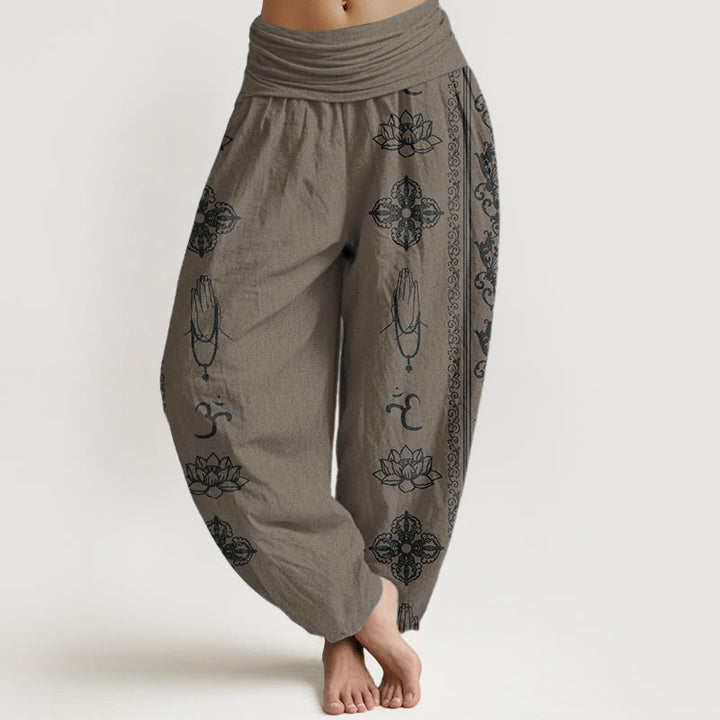 Pantaloni harem da donna con elastico in vita, in puro cotone, Buddha Stones e fiori di loto, doppio Dorje, Vajra, Namaste e Om.