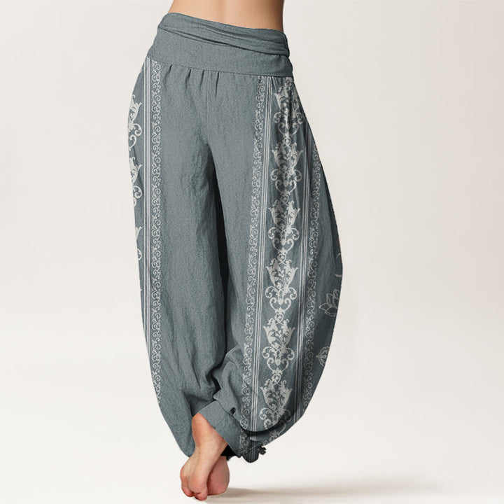 Pantaloni harem da donna con elastico in vita, in puro cotone, Buddha Stones e fiori di loto, doppio Dorje, Vajra, Namaste e Om.