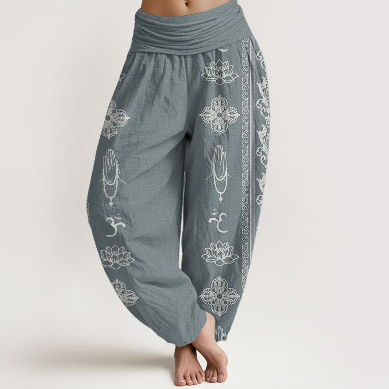 Pantaloni harem da donna con elastico in vita, in puro cotone, Buddha Stones e fiori di loto, doppio Dorje, Vajra, Namaste e Om.