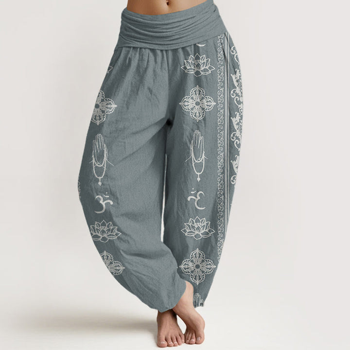 Pantaloni harem da donna con elastico in vita, in puro cotone, Buddha Stones e fiori di loto, doppio Dorje, Vajra, Namaste e Om.