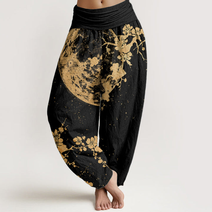 Pantaloni harem da donna con elastico in vita, in puro cotone, con motivo a luna piena e fiori di prugna dorati, motivo Buddha Stones