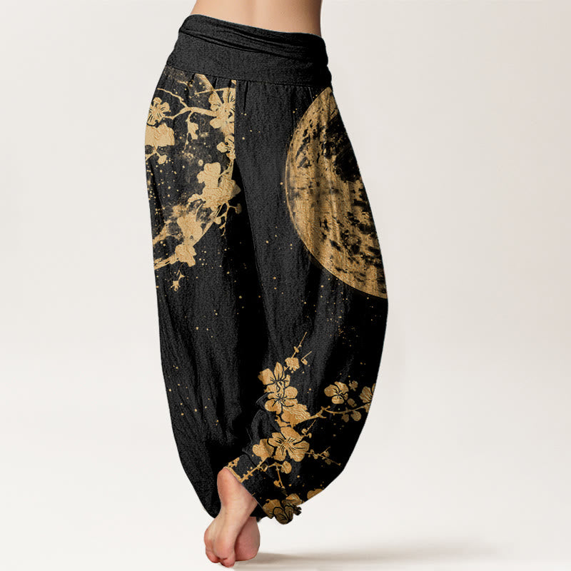Pantaloni harem da donna con elastico in vita, in puro cotone, con motivo a luna piena e fiori di prugna dorati, motivo Buddha Stones