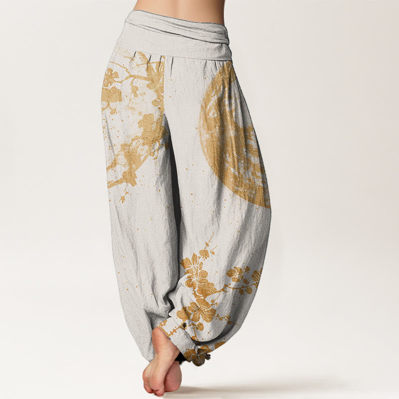 Pantaloni harem da donna con elastico in vita, in puro cotone, con motivo a luna piena e fiori di prugna dorati, motivo Buddha Stones