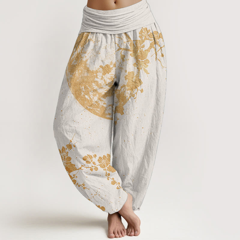 Pantaloni harem da donna con elastico in vita, in puro cotone, con motivo a luna piena e fiori di prugna dorati, motivo Buddha Stones