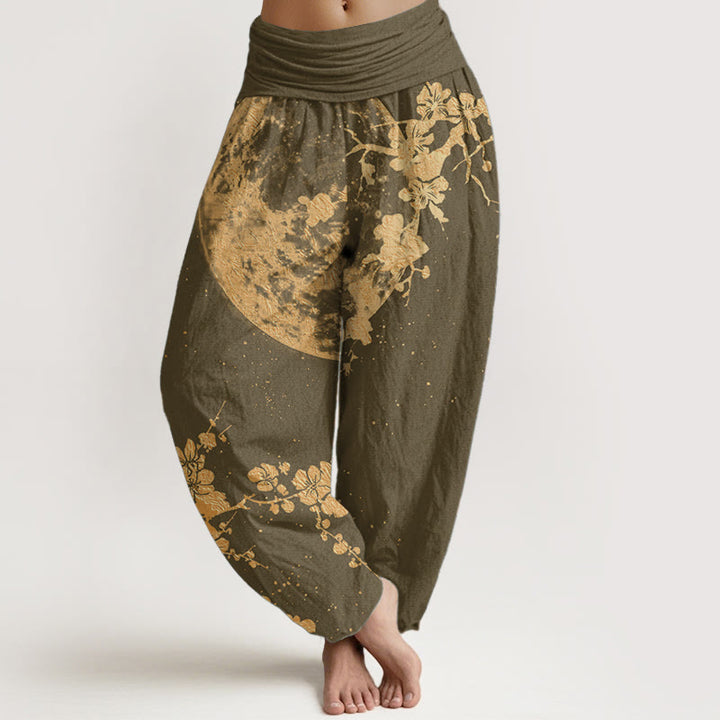 Pantaloni harem da donna con elastico in vita, in puro cotone, con motivo a luna piena e fiori di prugna dorati, motivo Buddha Stones