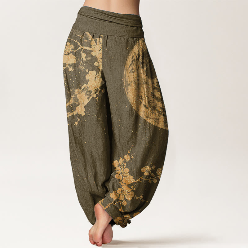Pantaloni harem da donna con elastico in vita, in puro cotone, con motivo a luna piena e fiori di prugna dorati, motivo Buddha Stones