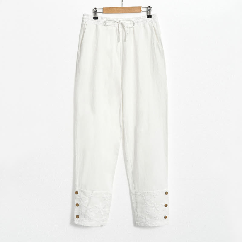 Pantaloni da donna in cotone e lino con tasche, modello patchwork in pizzo bianco con Buddha Stones
