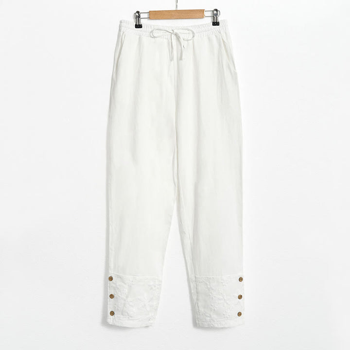 Pantaloni da donna in cotone e lino con tasche, modello patchwork in pizzo bianco con Buddha Stones