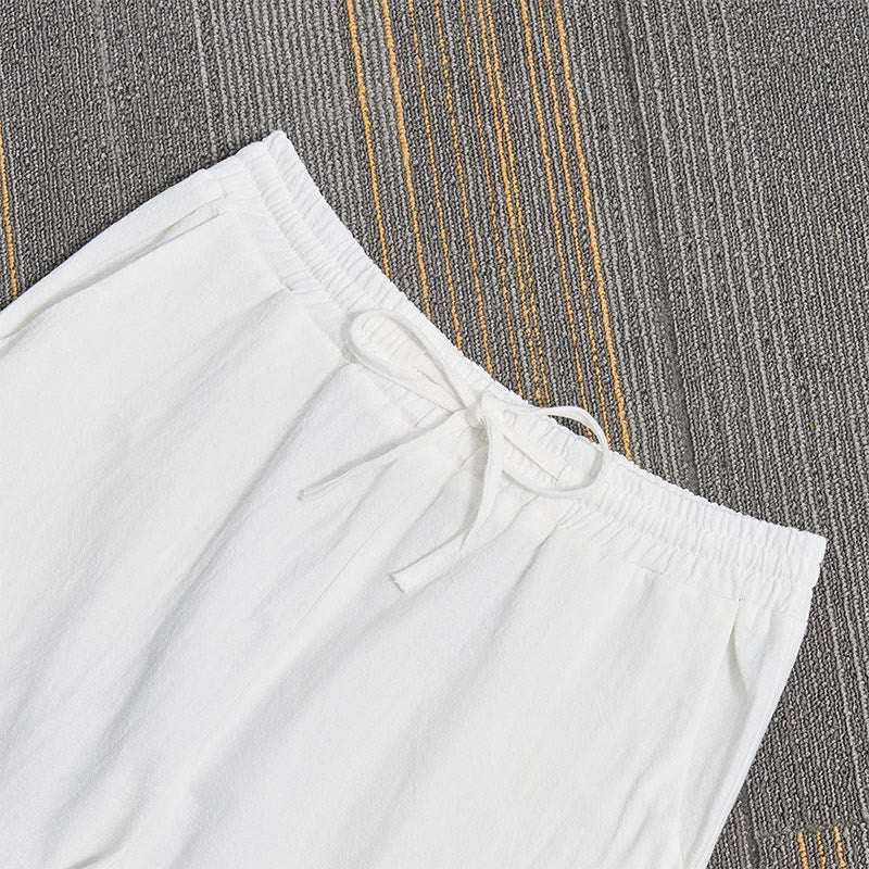 Pantaloni da donna in cotone e lino con tasche, modello patchwork in pizzo bianco con Buddha Stones - image 2