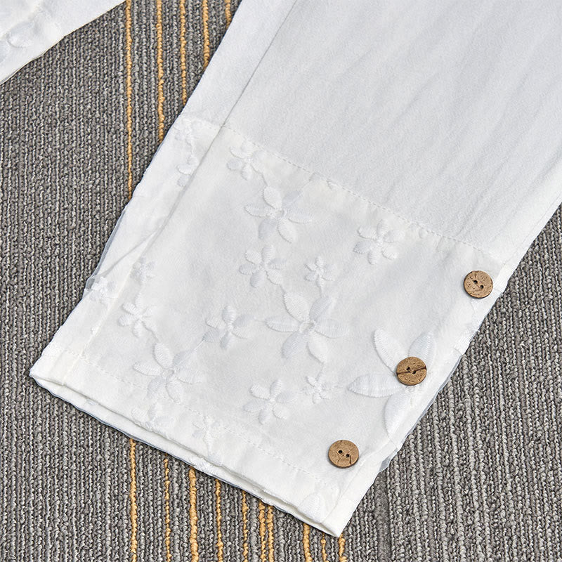 Pantaloni da donna in cotone e lino con tasche, modello patchwork in pizzo bianco con Buddha Stones