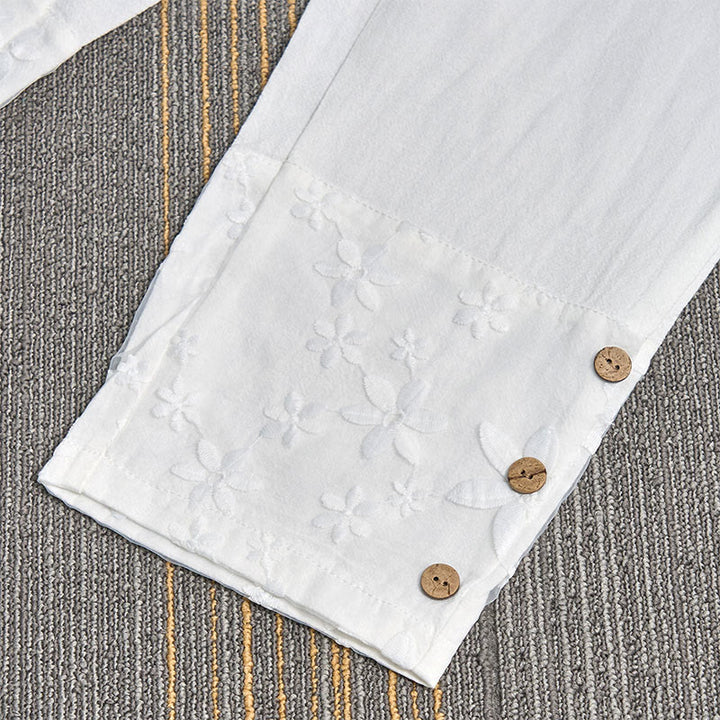 Pantaloni da donna in cotone e lino con tasche, modello patchwork in pizzo bianco con Buddha Stones