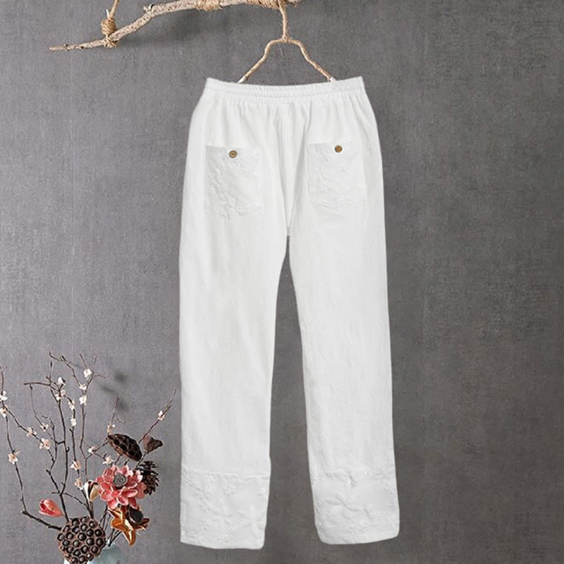 Pantaloni da donna in cotone e lino con tasche, modello patchwork in pizzo bianco con Buddha Stones