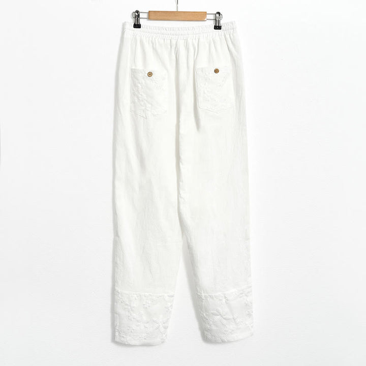 Pantaloni da donna in cotone e lino con tasche, modello patchwork in pizzo bianco con Buddha Stones