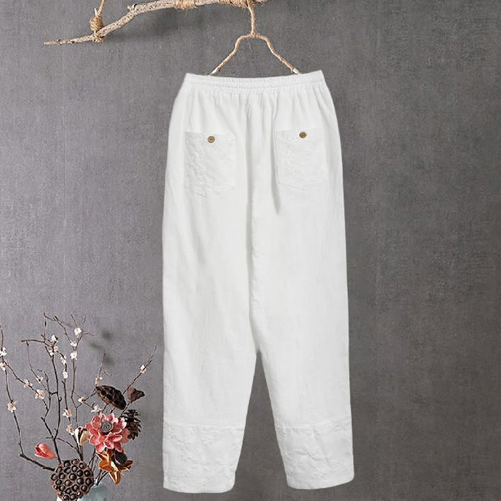 Pantaloni da donna in cotone e lino con tasche, modello patchwork in pizzo bianco con Buddha Stones