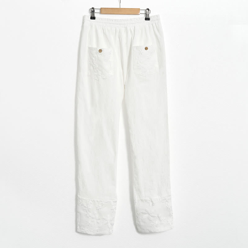 Pantaloni da donna in cotone e lino con tasche, modello patchwork in pizzo bianco con Buddha Stones