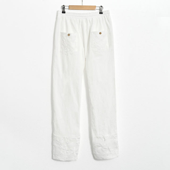 Pantaloni da donna in cotone e lino con tasche, modello patchwork in pizzo bianco con Buddha Stones
