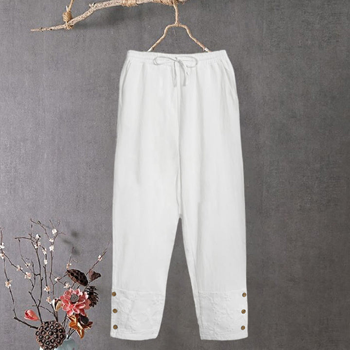 Pantaloni da donna in cotone e lino con tasche, modello patchwork in pizzo bianco con Buddha Stones