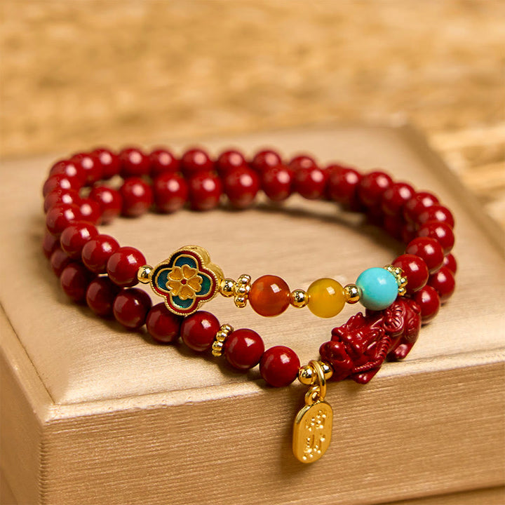 Braccialetto a doppio giro con benedizione del carattere PiXiu Fu in cinabro Buddha Stones