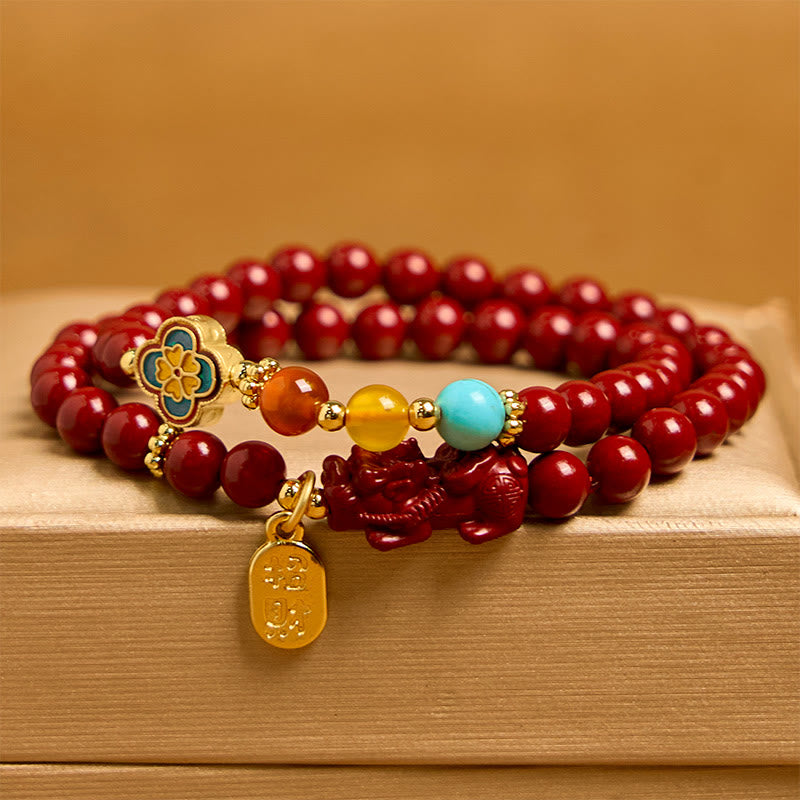 Braccialetto a doppio giro con benedizione del carattere PiXiu Fu in cinabro Buddha Stones