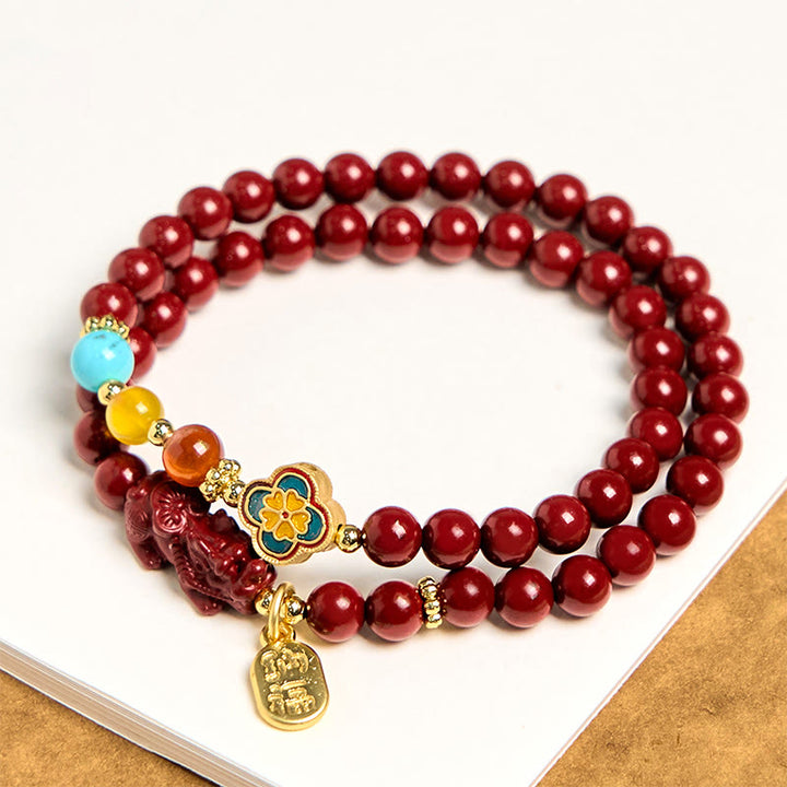Braccialetto a doppio giro con benedizione del carattere PiXiu Fu in cinabro Buddha Stones