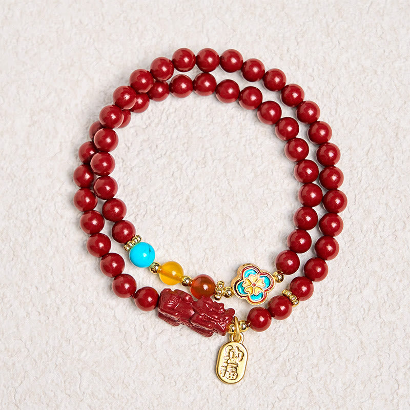 Braccialetto a doppio giro con benedizione del carattere PiXiu Fu in cinabro Buddha Stones