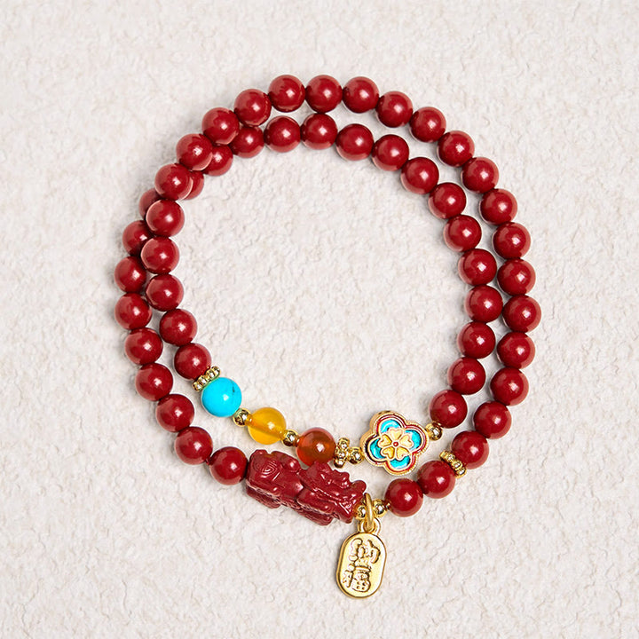 Braccialetto a doppio giro con benedizione del carattere PiXiu Fu in cinabro Buddha Stones