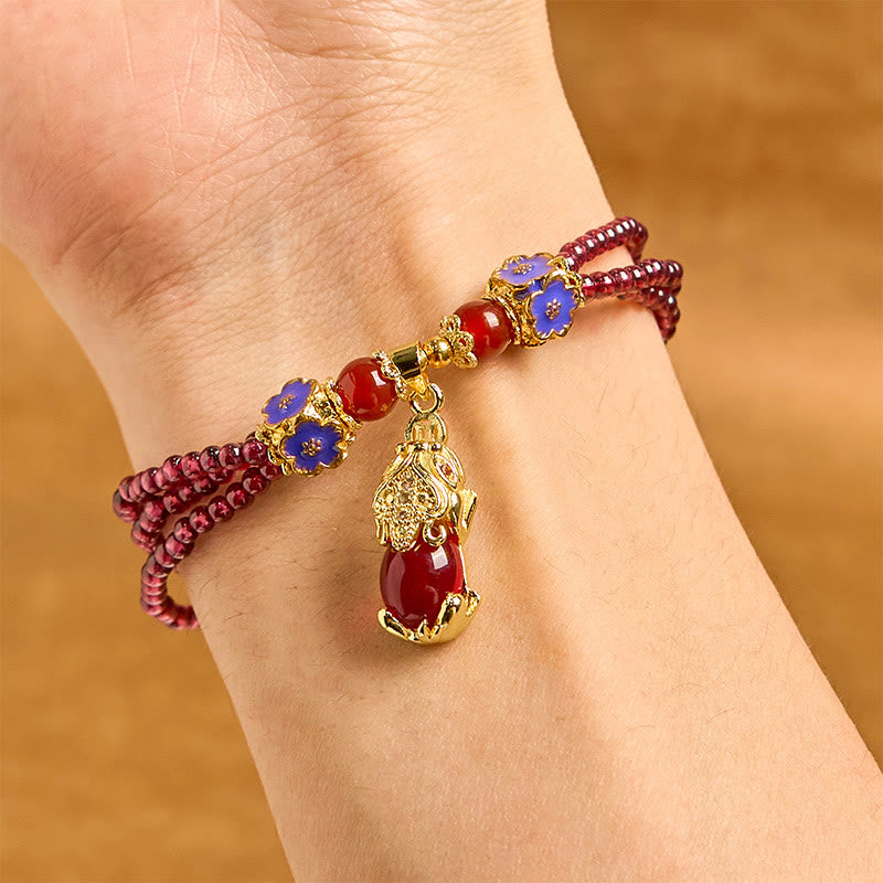 Bracciale multistrato di purificazione PiXiu Flower con perle di granato naturale da 3 mm Buddha Stones