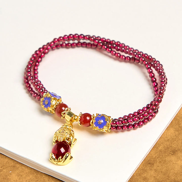 Bracciale multistrato di purificazione PiXiu Flower con perle di granato naturale da 3 mm Buddha Stones