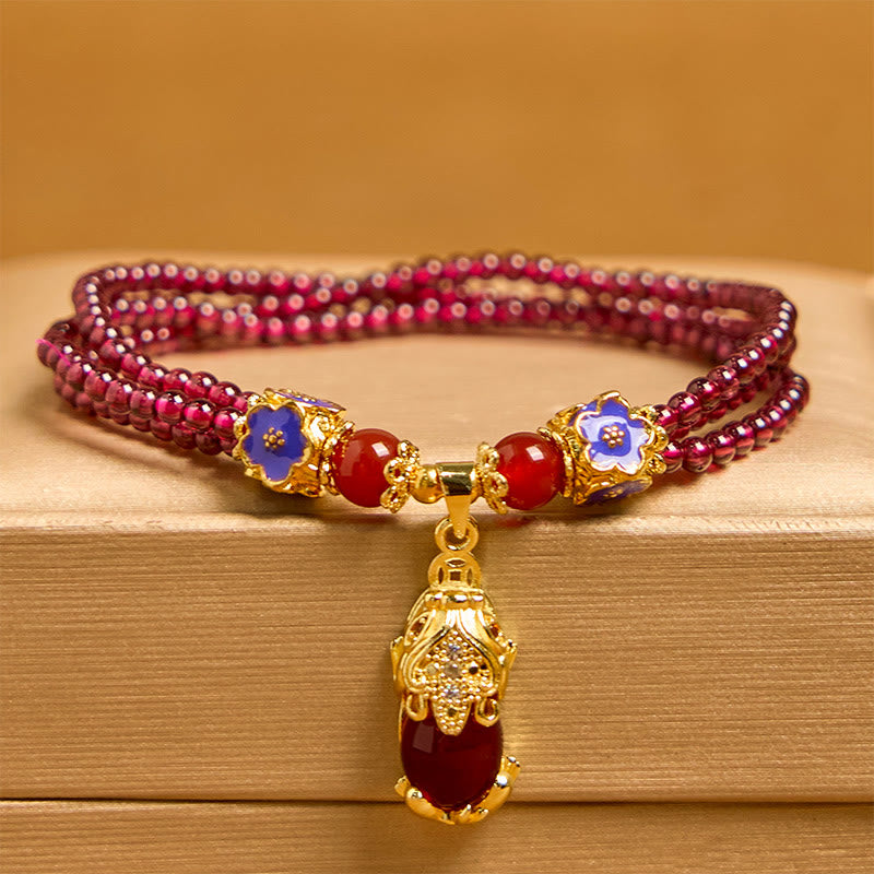Bracciale multistrato di purificazione PiXiu Flower con perle di granato naturale da 3 mm Buddha Stones