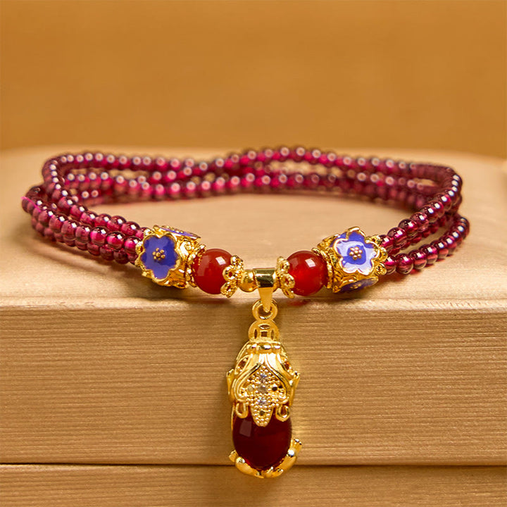 Bracciale multistrato di purificazione PiXiu Flower con perle di granato naturale da 3 mm Buddha Stones