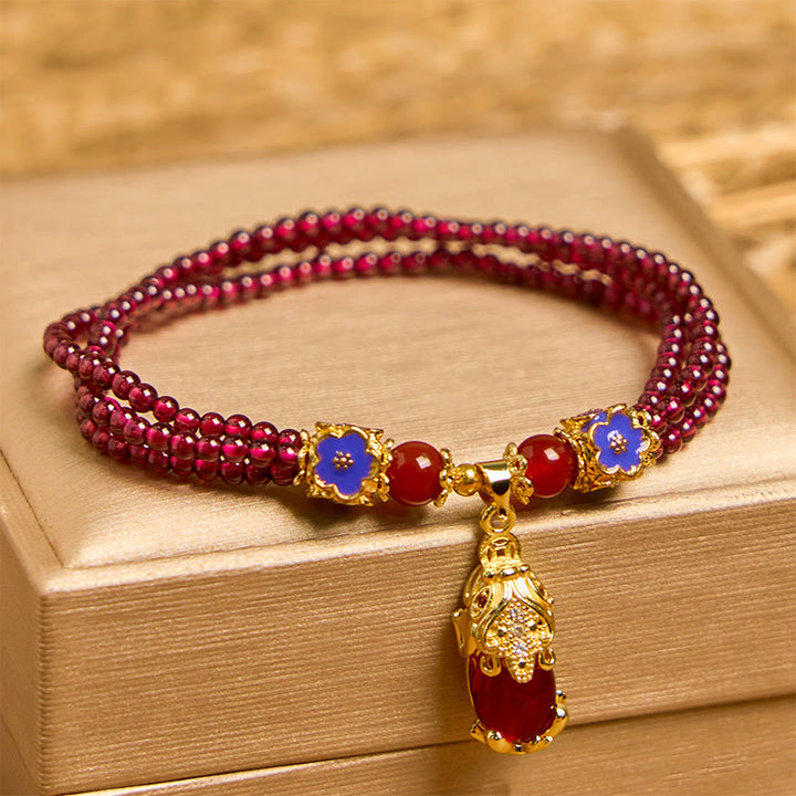 Bracciale multistrato di purificazione PiXiu Flower con perle di granato naturale da 3 mm Buddha Stones
