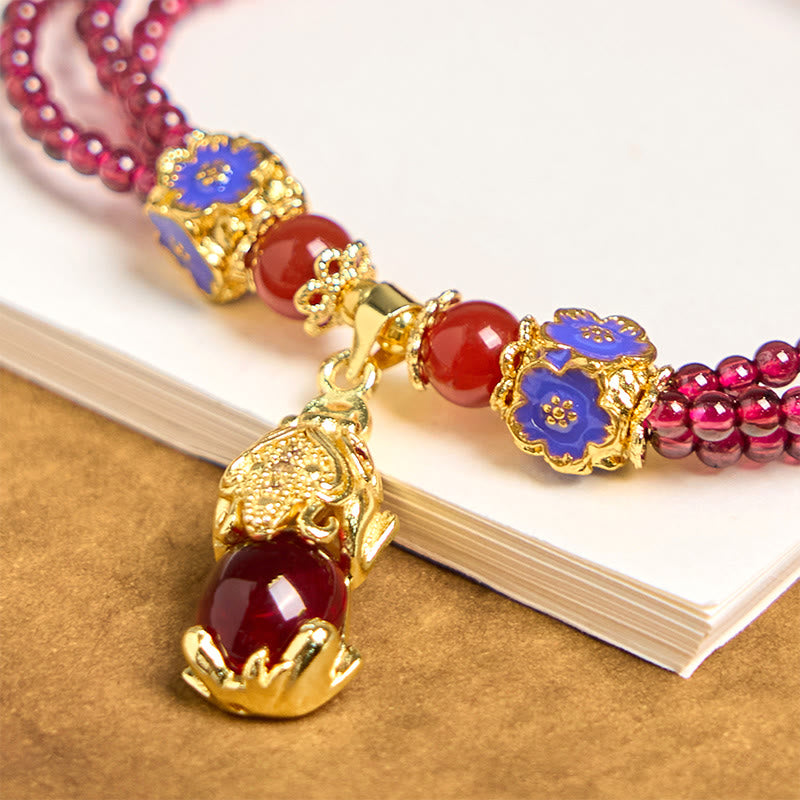 Bracciale multistrato di purificazione PiXiu Flower con perle di granato naturale da 3 mm Buddha Stones